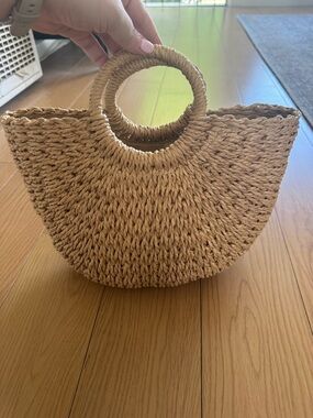 Rattan Purse Woven Straw Circle-Handle Handbag